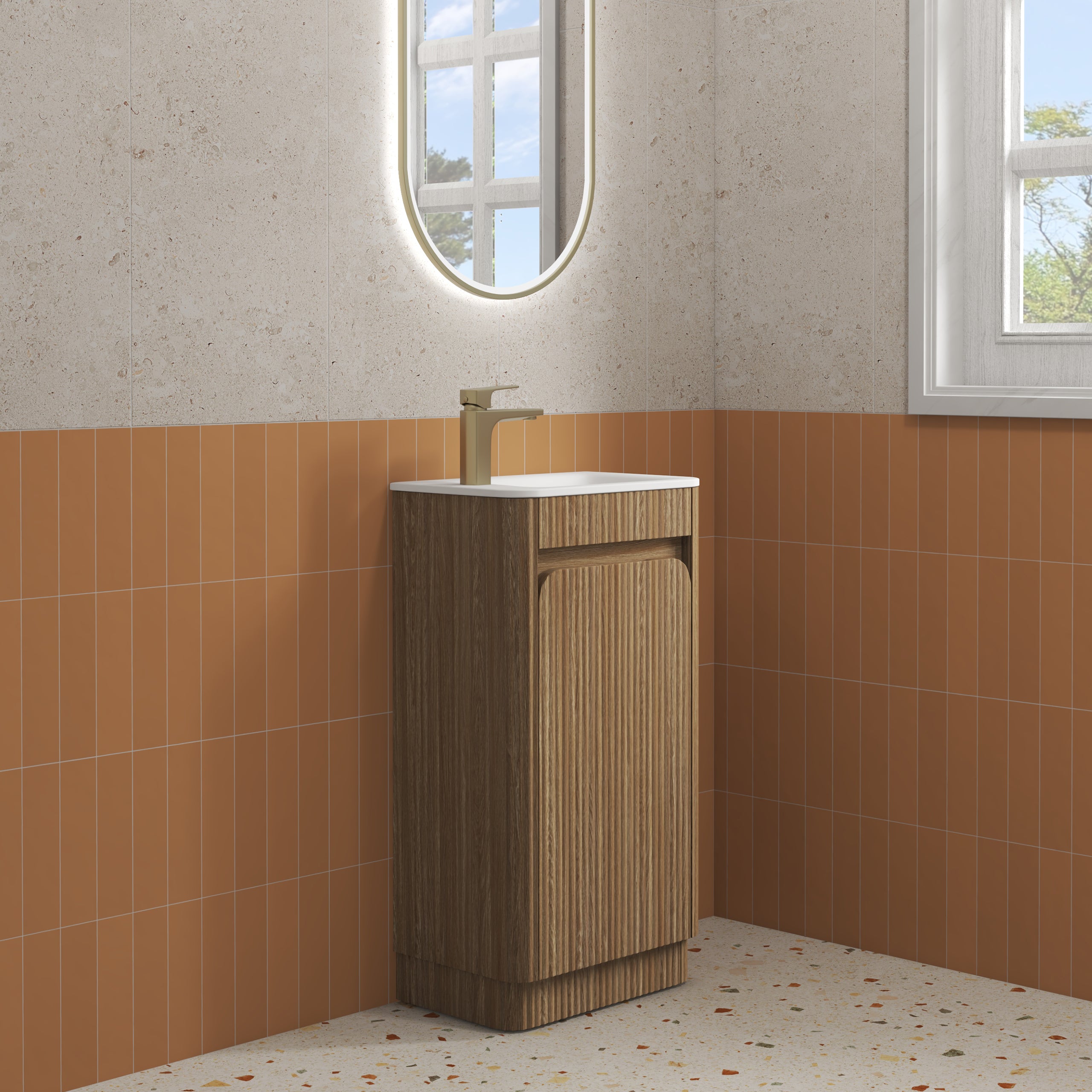 Mini Hartelle Fluted Floor Standing Harvest Oak Vanity - Neche Interiors