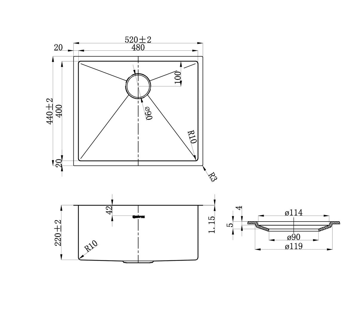 Axon Sink 52S 520x440x220 Brushed Gold — view 3