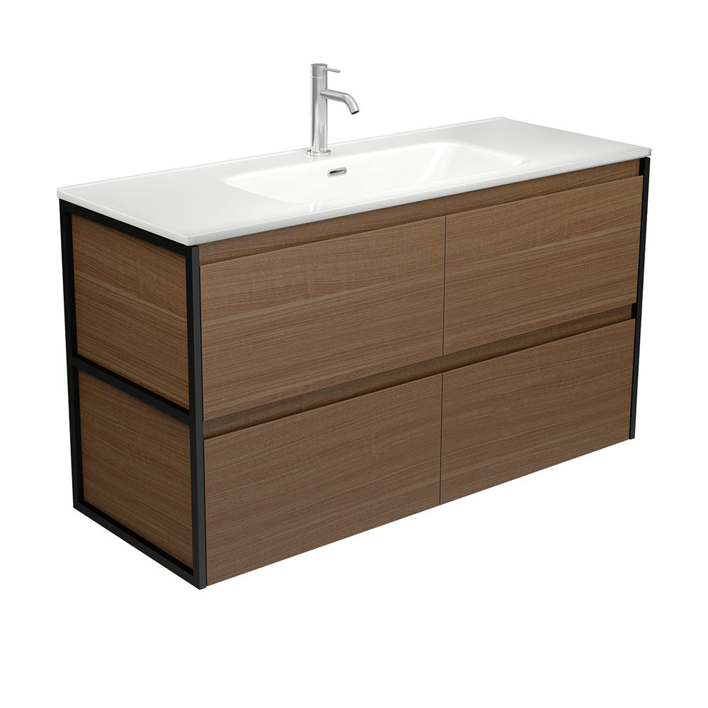 Joli Amato 1200 Walnut Wall-Hung Vanity, Matte Black Frames