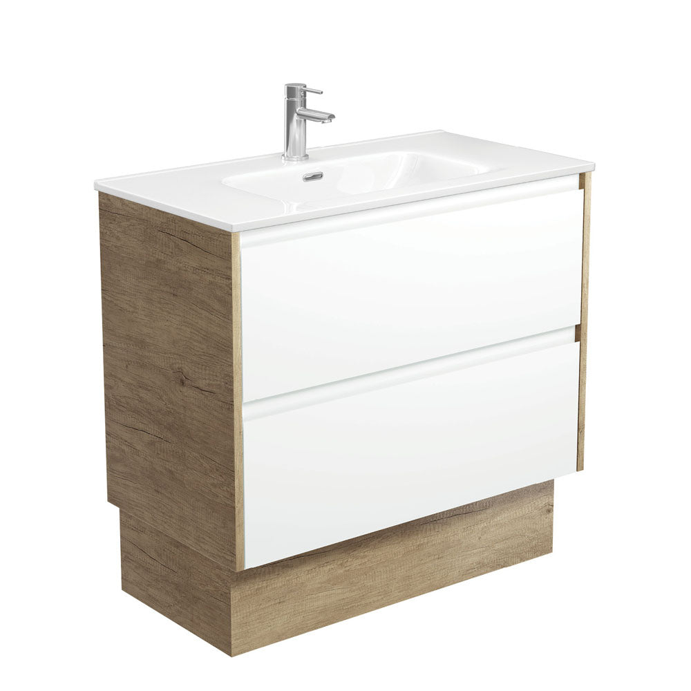 Joli Amato Satin White Vanity On Kick, Scandi Oak Panels