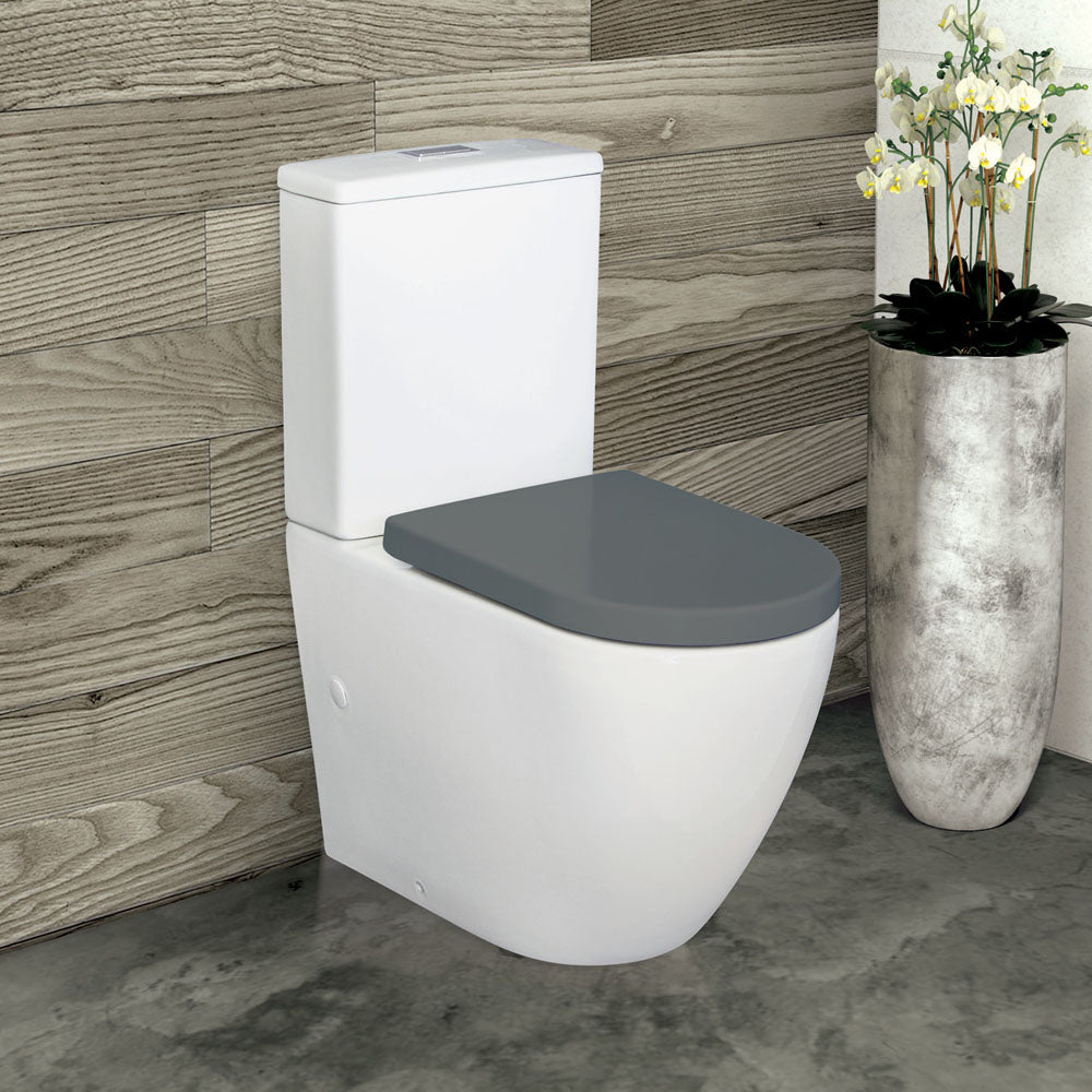 Alix Back-to-Wall Toilet Suite, Gloss White with Grey Seat - Neche Interiors