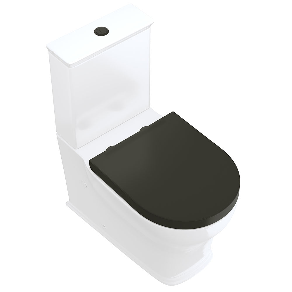 Lillian Tornado Flush Back-to-Wall Toilet Suite, Gloss White with Black Seat - Neche Interiors