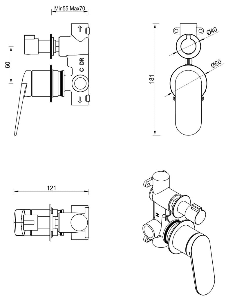 Lantra Shower Mixer Diverter - 2P - TRIM KIT ONLY - Neche Interiors