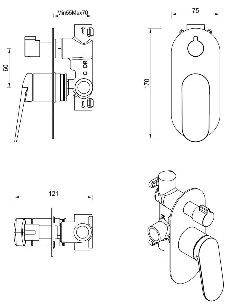 Lantra Shower Mixer Diverter - 1P - TRIM KIT ONLY - Neche Interiors