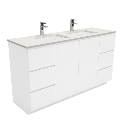 Sarah Roman Sand Undermount Double Bowl 1500 Fingerpull Gloss White Vanity on Kick