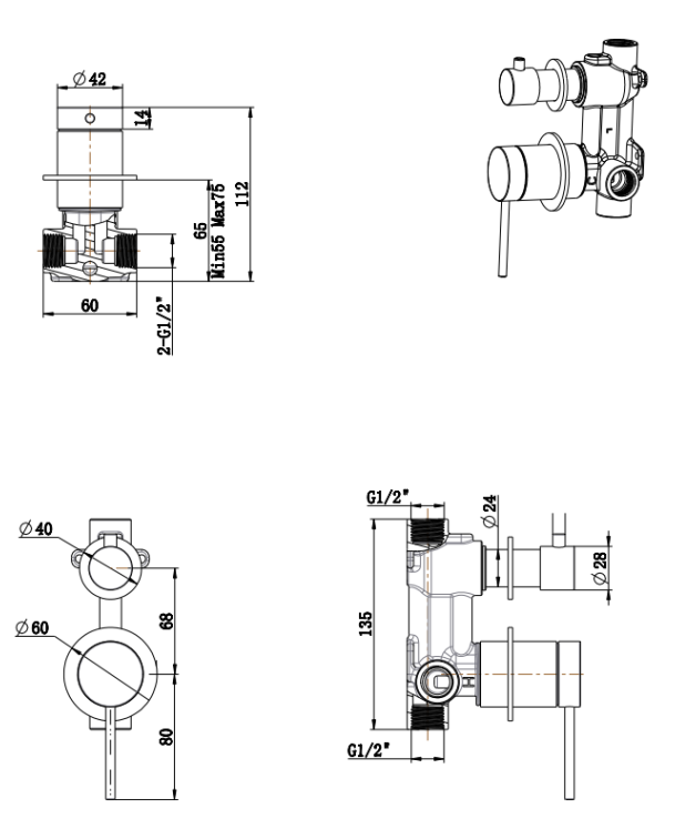 Mica Shower Mixer Diverter - 2P - TRIM KIT ONLY - Neche Interiors