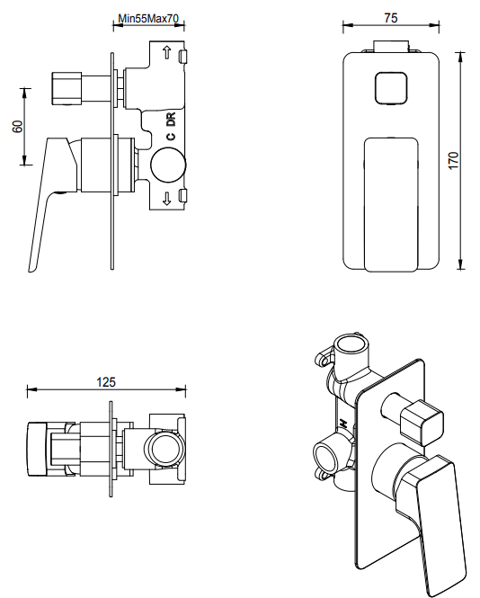 Tiago Shower Mixer Diverter - TRIM KIT ONLY - Neche Interiors