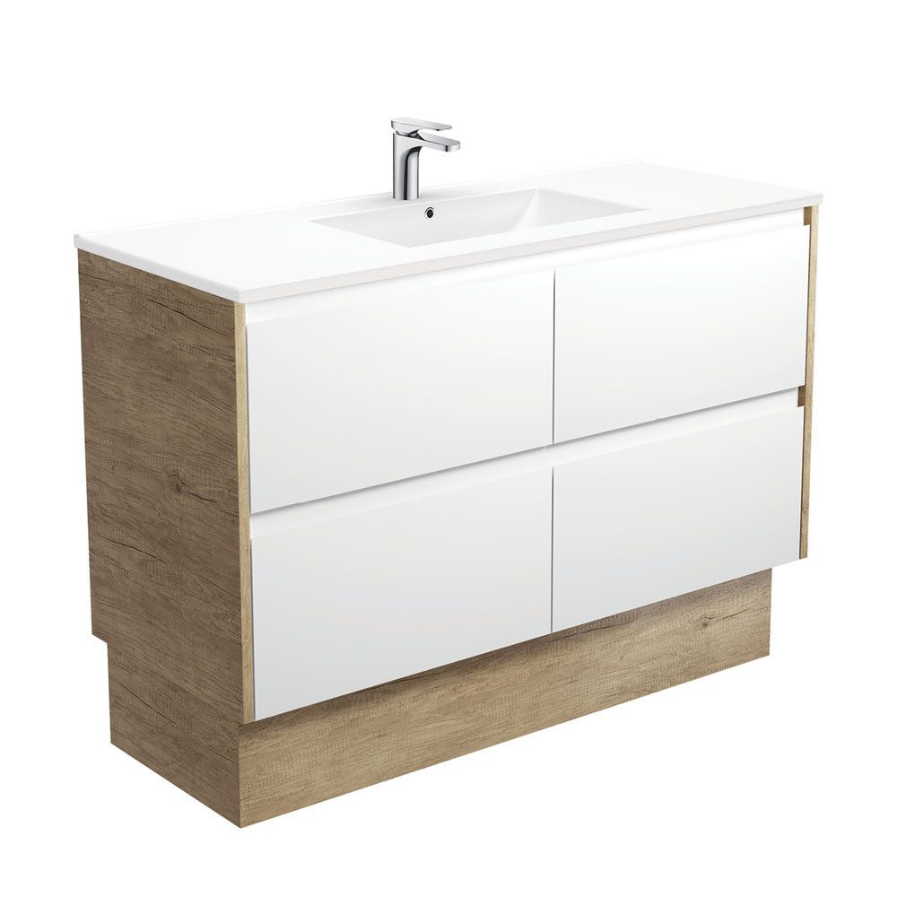 Dolce Amato Satin White Vanity On Kick, Scandi Oak Panels