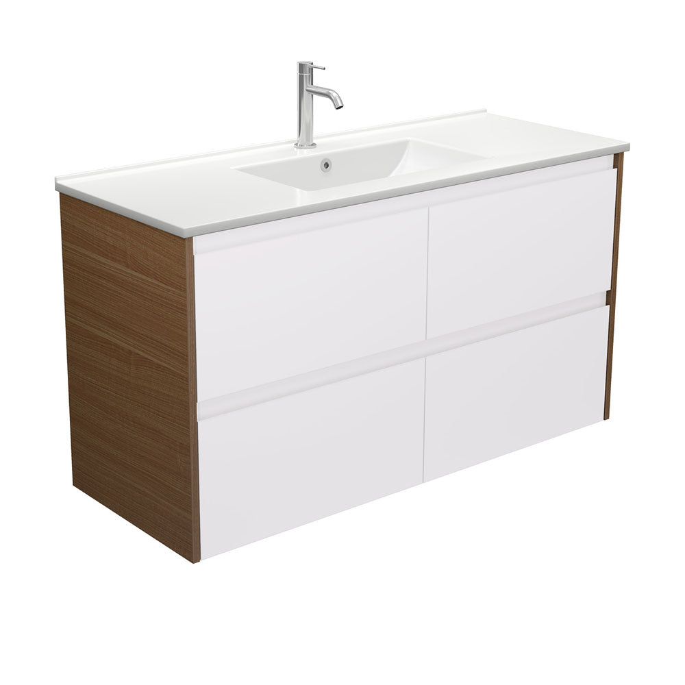 Dolce Amato Satin White Wall Hung Vanity, Walnut Panels