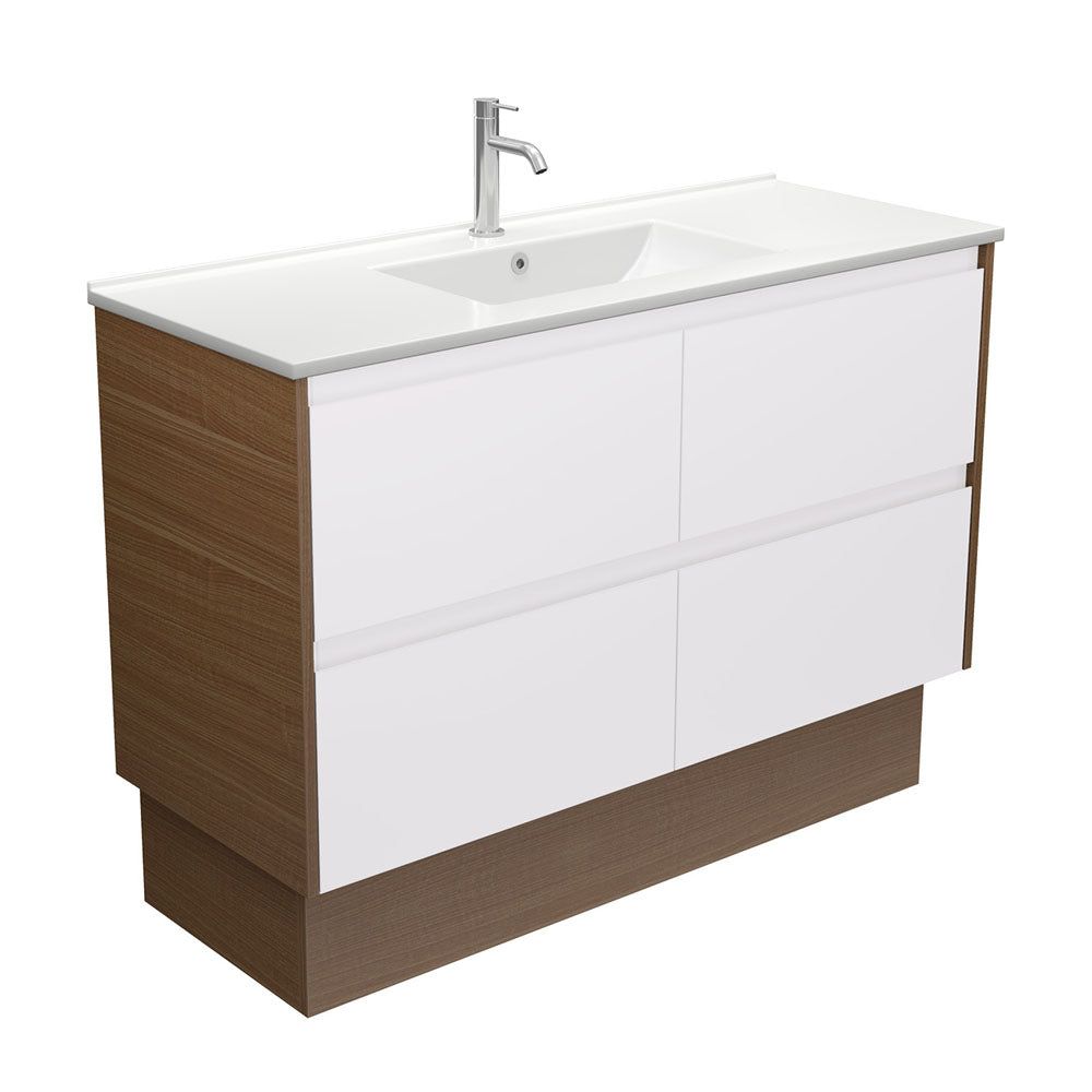 Dolce Amato Satin White Vanity on Kick, Walnut Panels