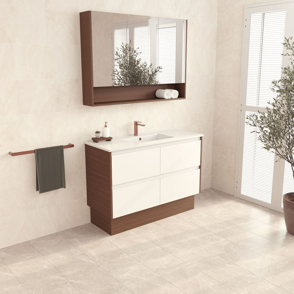 Dolce Amato Satin White Vanity on Kick, Walnut Panels