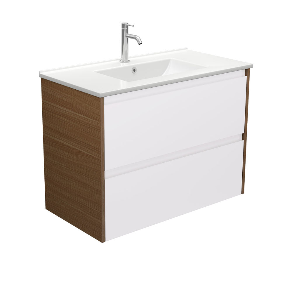 Dolce Amato Satin White Wall Hung Vanity, Walnut Panels