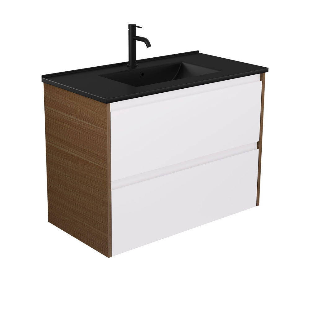 Dolce Matte Black Amato Satin White Wall Hung Vanity, Walnut Panels