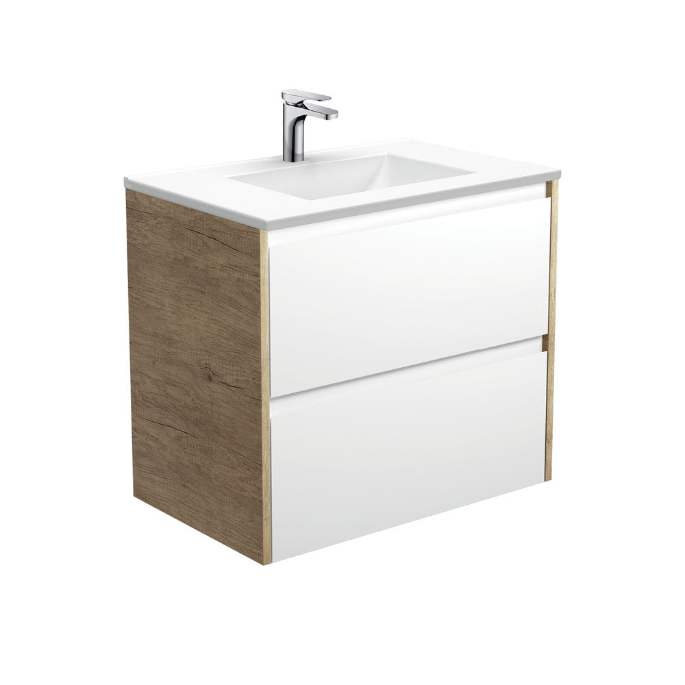 Vanessa Amato 750 Satin White Wall-Hung Vanity, Scandi Oak Panels