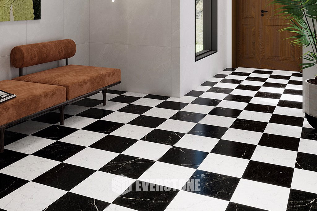 Euromarmo Nero Marquina and Carrara Venatino checkerboard installation