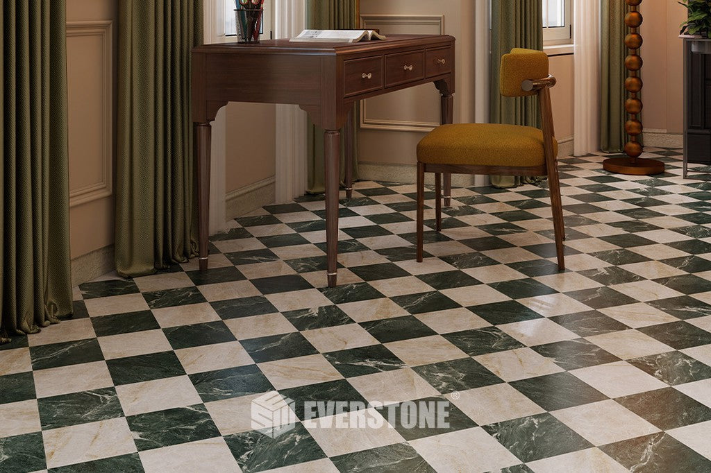 Euromarmo Taj Mahal and Verde Bella checkerboard installation