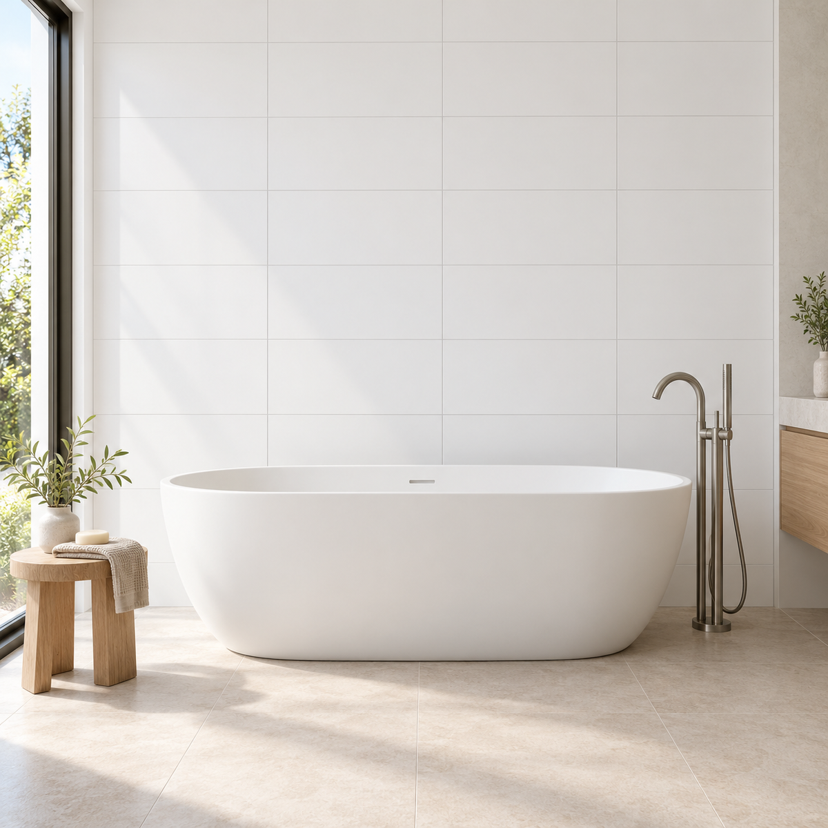 Everyday White 300x600mm Matte wall tiles — AI-generated bathroom illustration