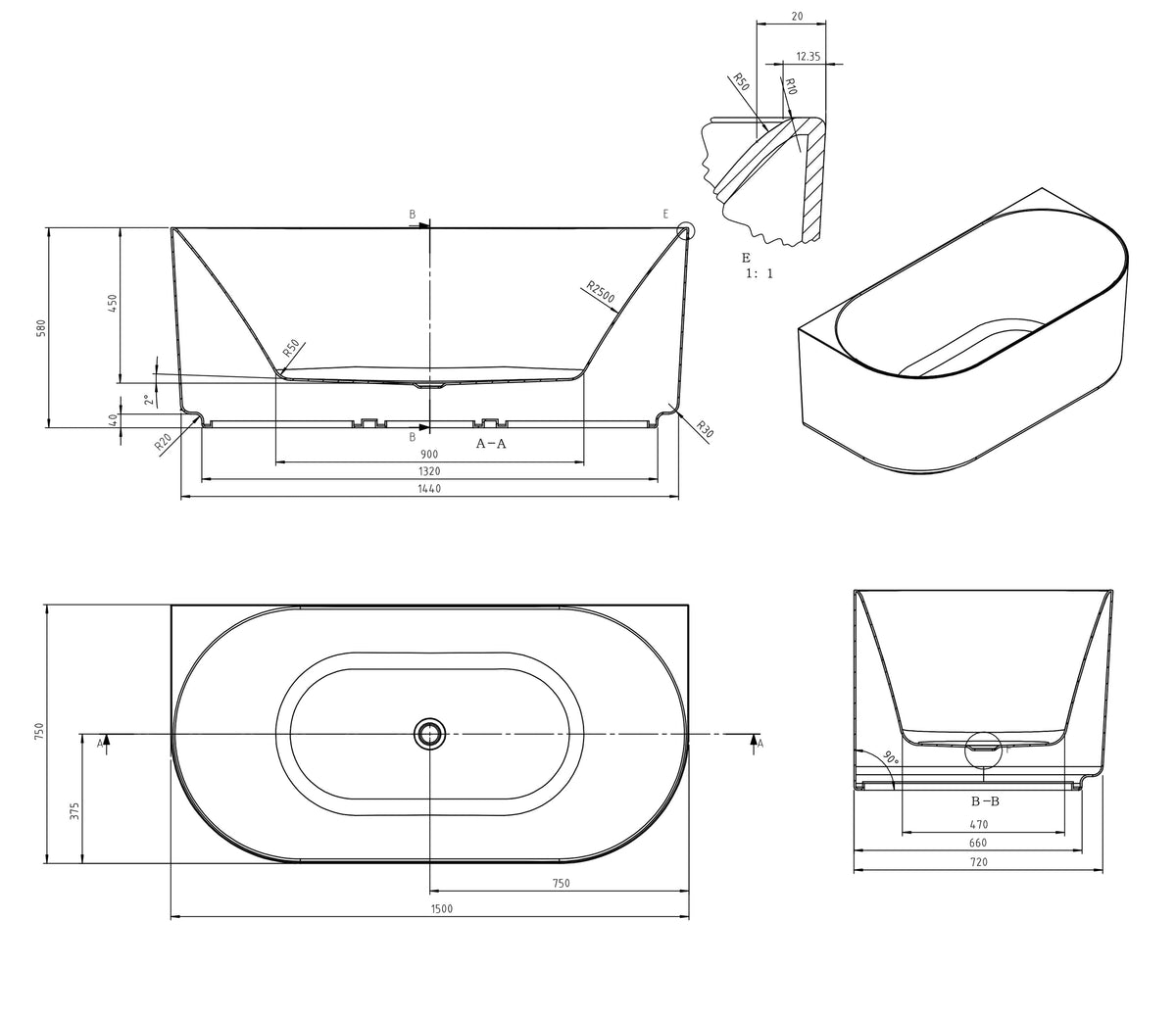 Attica Celine 1500 Matte White Back-to-Wall Multi-fit Bath with Overflow