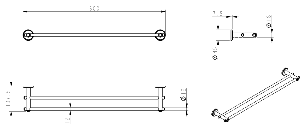 Mica Heritage Double Towel Rail 600mm – dimensions