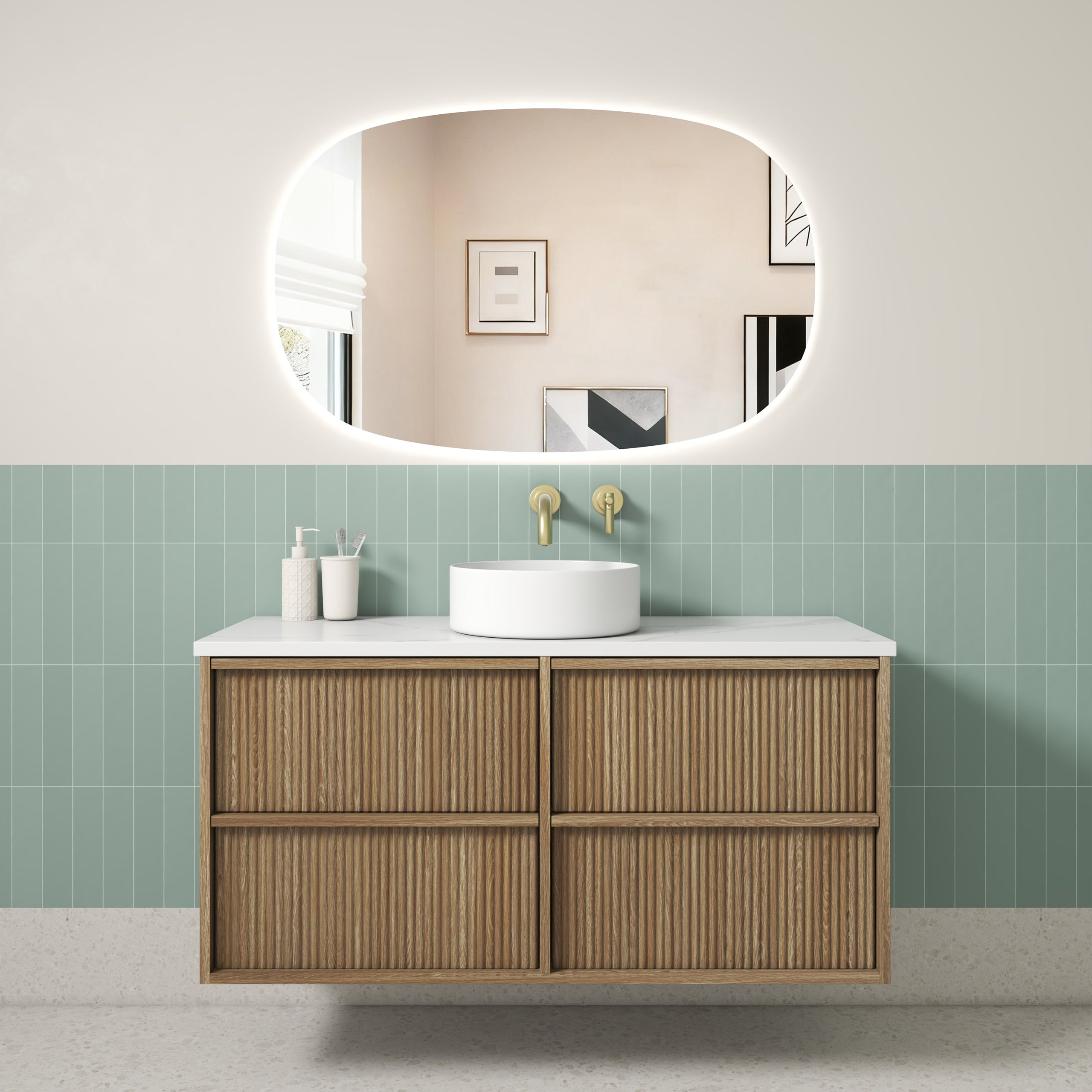 Venetta Fluted Framed Wall Hung Harvest Oak Vanity - Neche Interiors