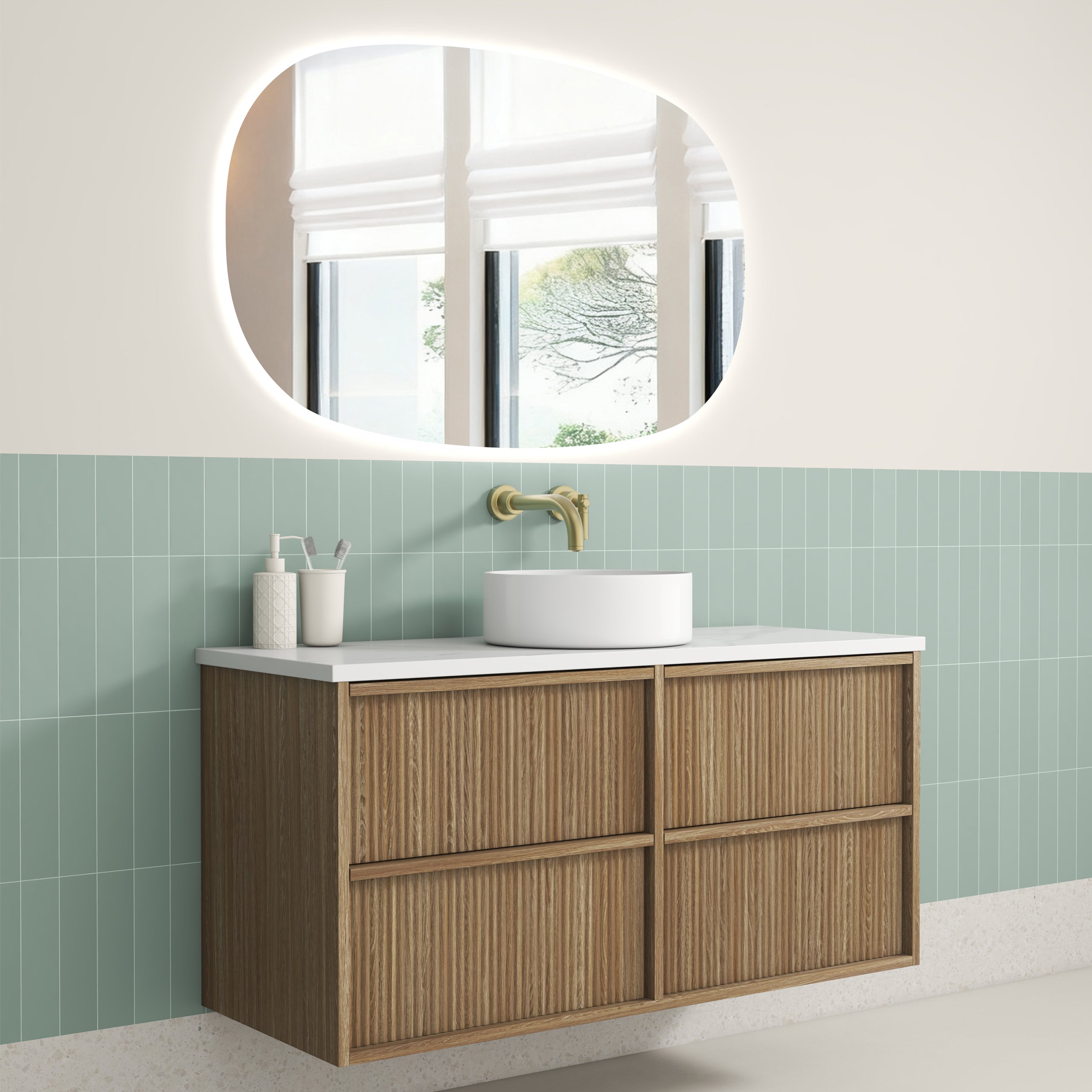 Venetta Fluted Framed Wall Hung Harvest Oak Vanity - Neche Interiors