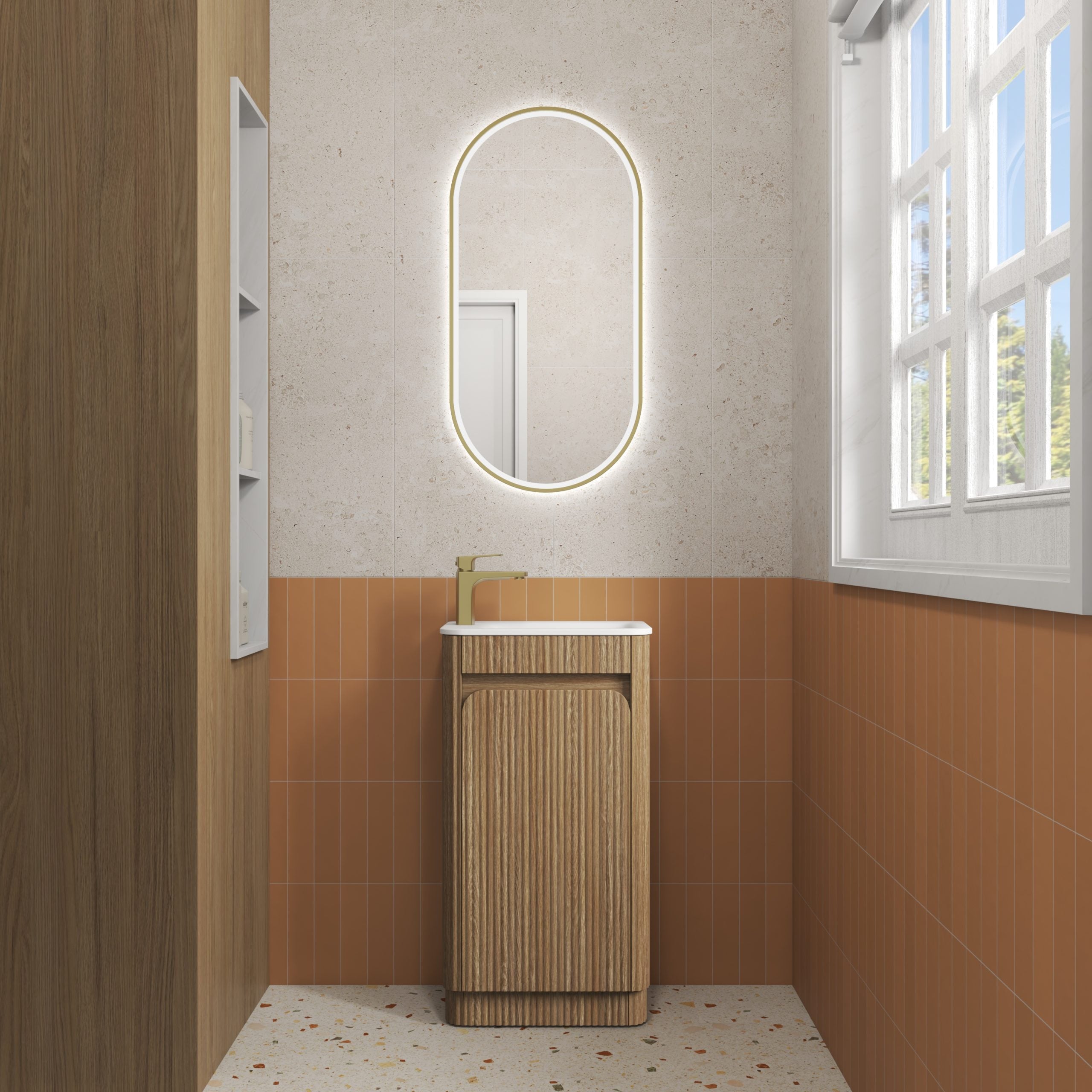 Mini Hartelle Fluted Floor Standing Harvest Oak Vanity - Neche Interiors