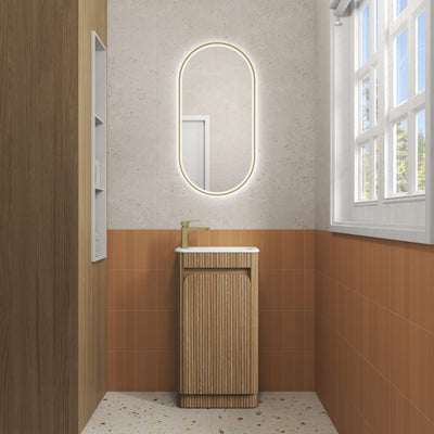 Mini Hartelle Fluted Floor Standing Harvest Oak Vanity - Neche Interiors