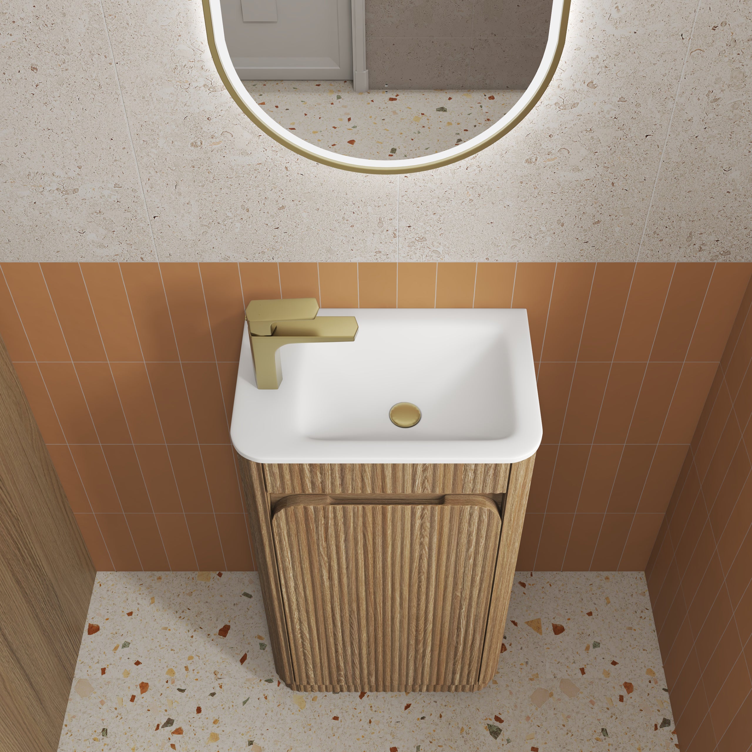 Mini Hartelle Fluted Floor Standing Harvest Oak Vanity - Neche Interiors
