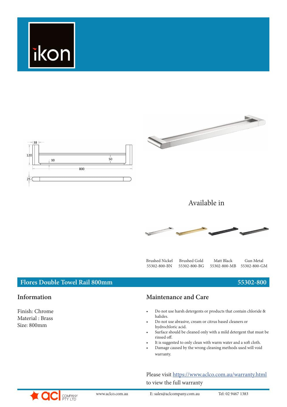 ACL Flores Double Towel Rail 800mm product sheet