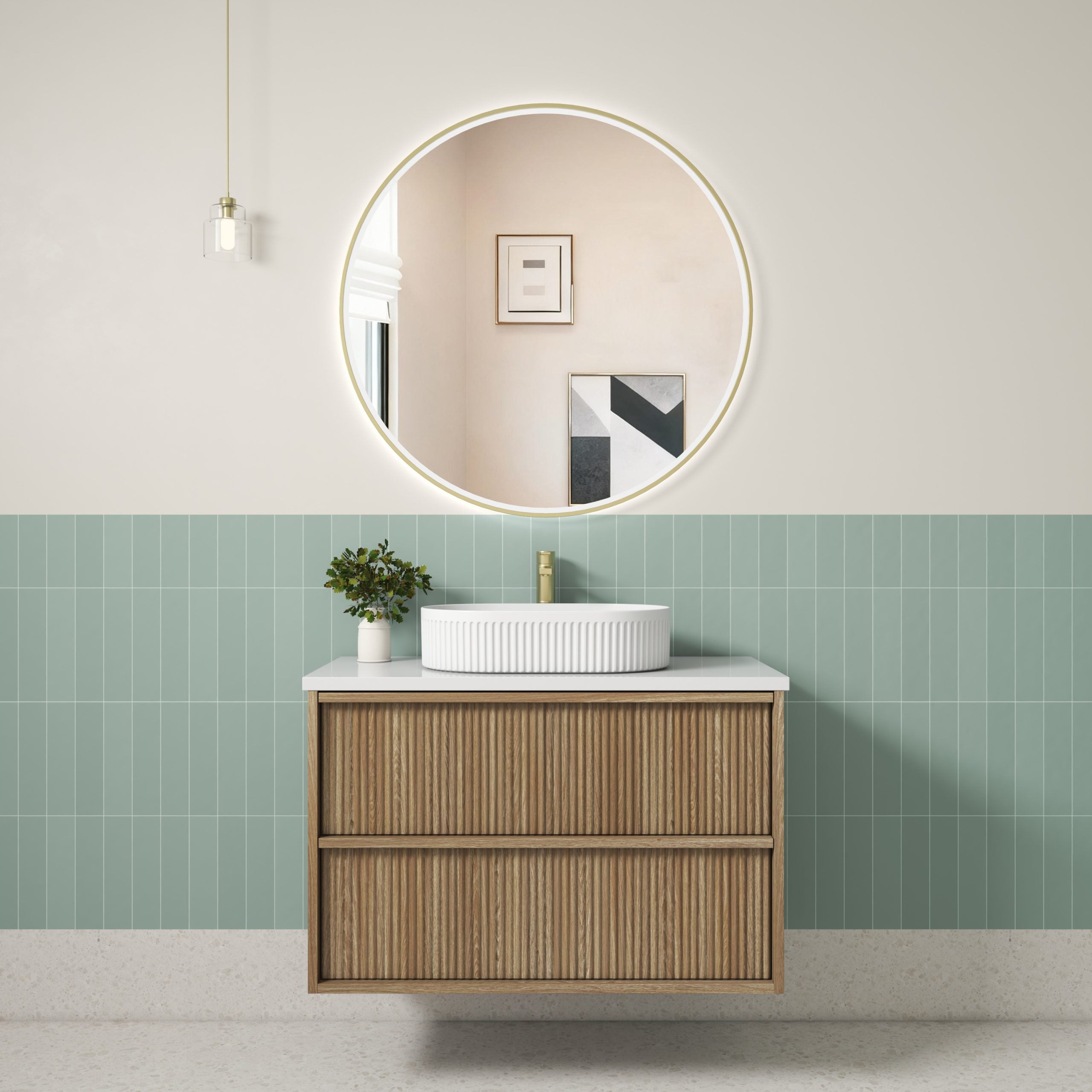 Venetta Fluted Framed Wall Hung Harvest Oak Vanity - Neche Interiors