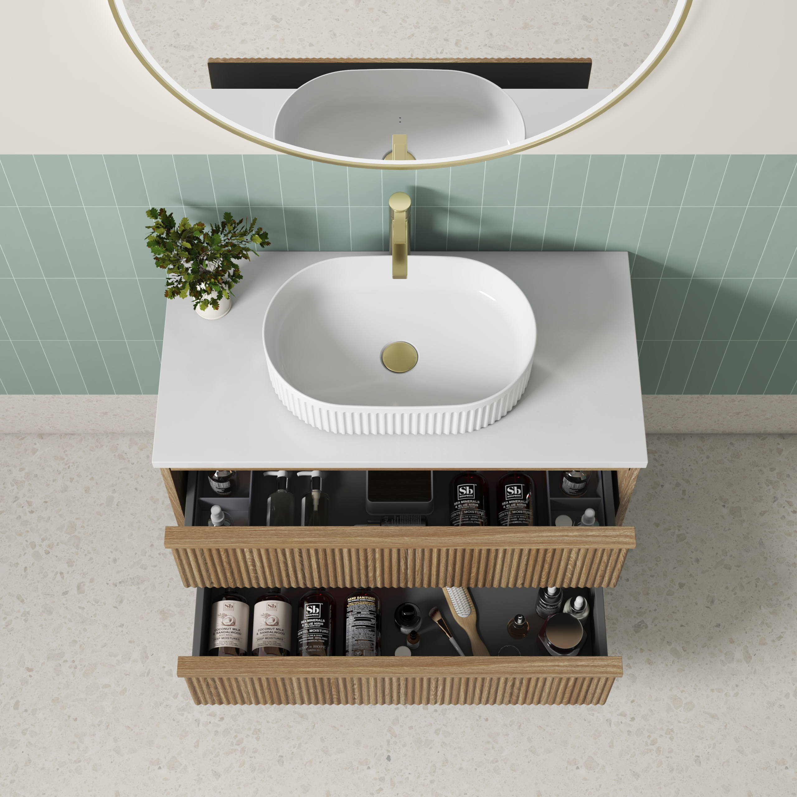 Venetta Fluted Framed Wall Hung Harvest Oak Vanity - Neche Interiors