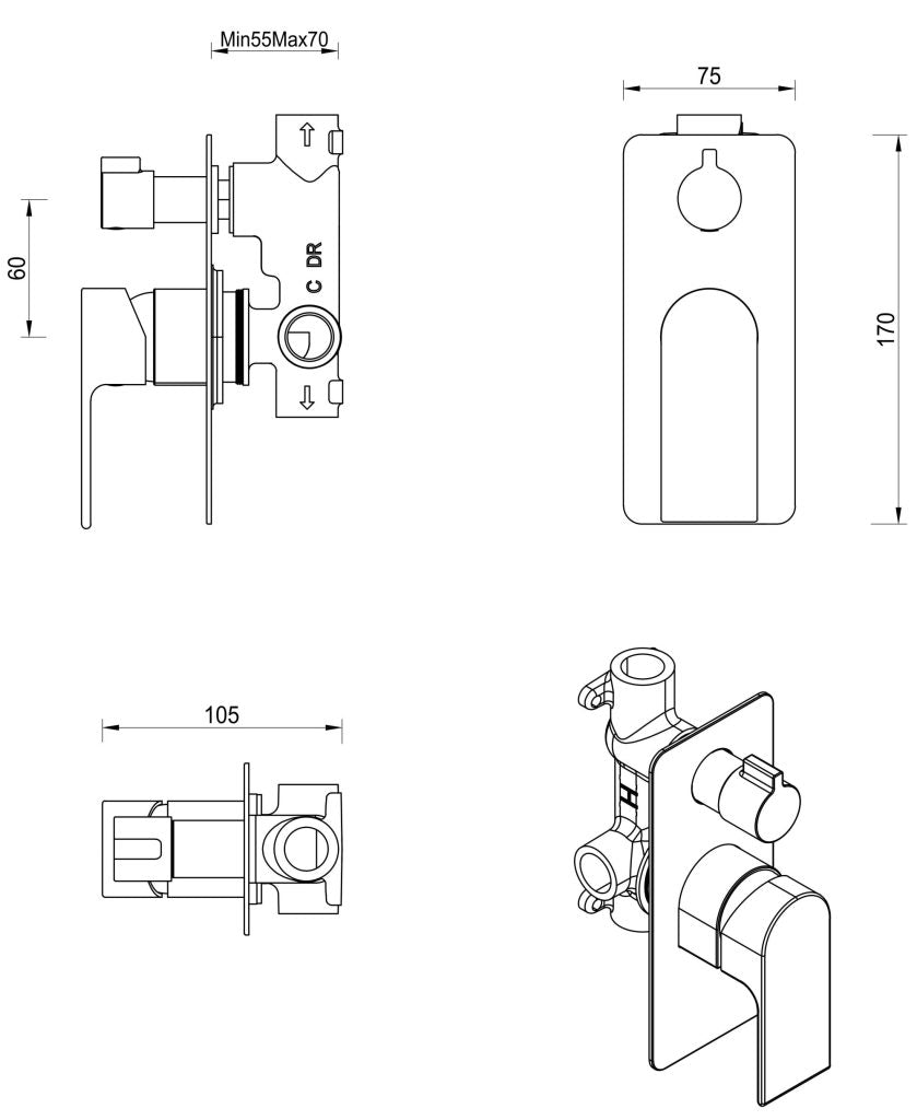 Beki Shower Mixer Diverter - 1P - TRIM KIT ONLY - Neche Interiors