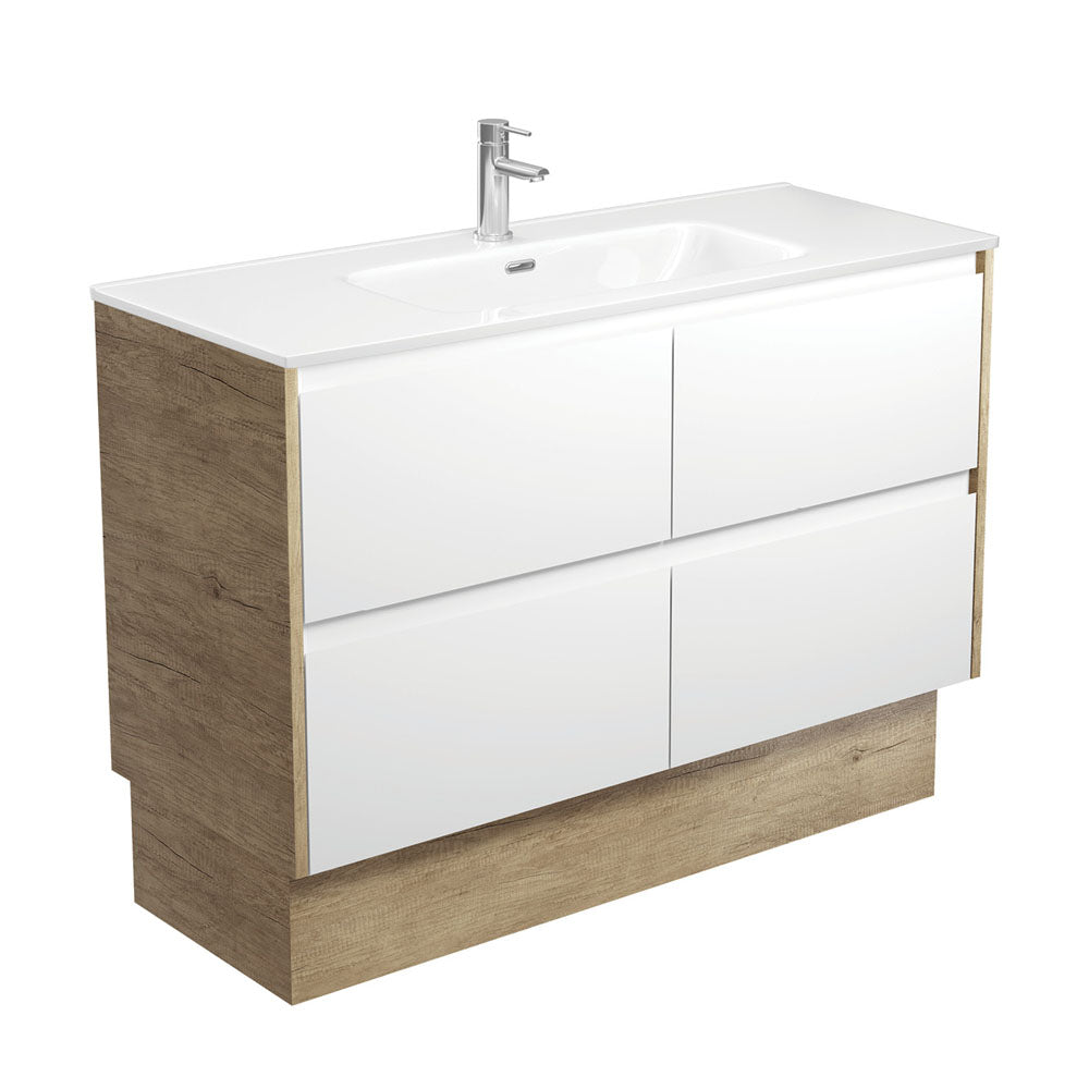 Joli Amato Satin White Vanity On Kick, Scandi Oak Panels