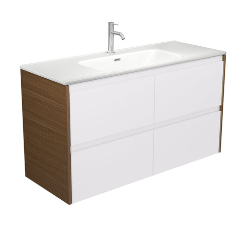 Joli Amato 1200 Satin White Wall Hung Vanity, Walnut Panels