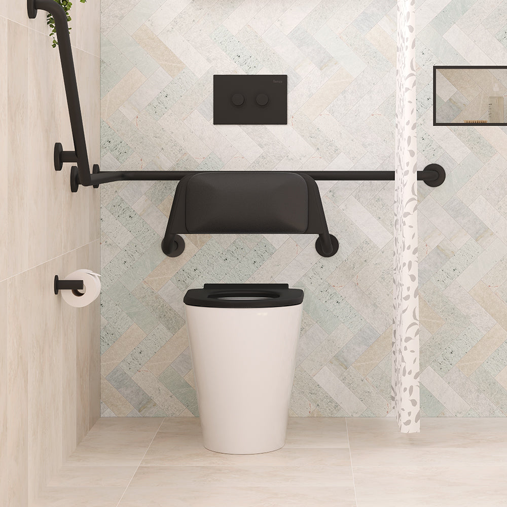 Isabella Care Wall-Faced Toilet Suite, Gloss White with Black Seat - Neche Interiors