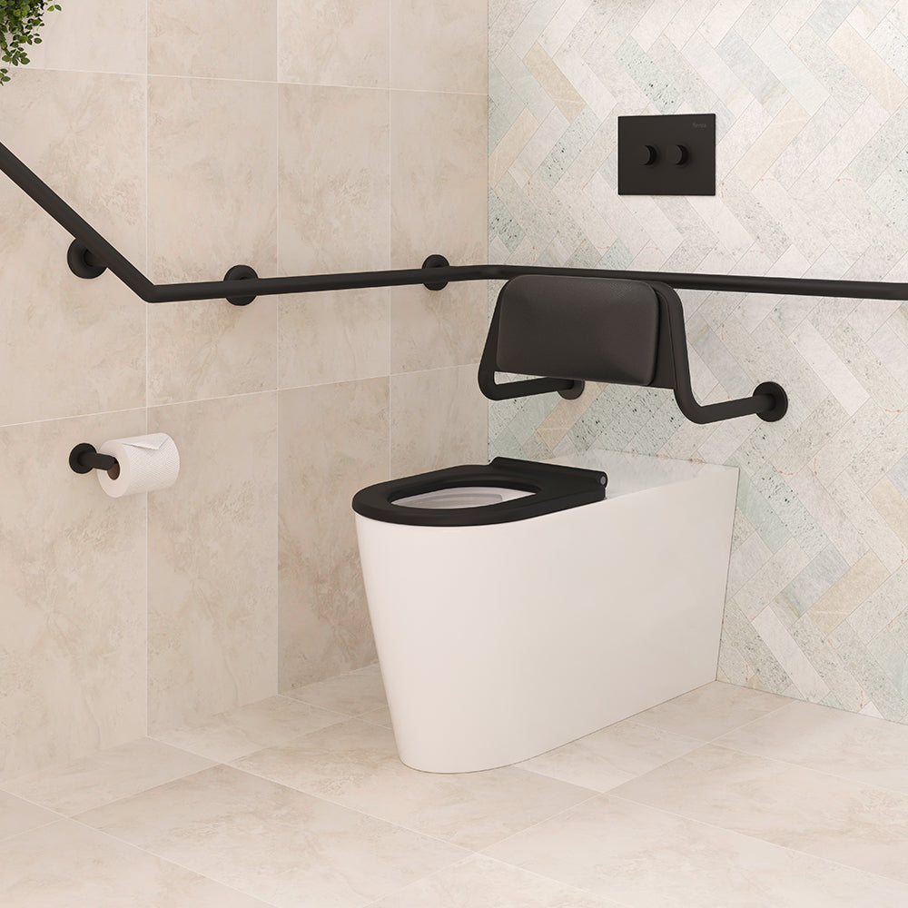 Isabella Care Wall-Faced Toilet Suite, Gloss White with Black Seat - Neche Interiors