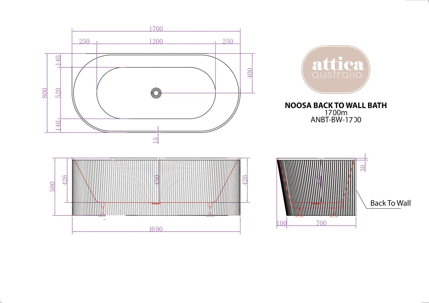 Noosa Back To Wall Freestanding Bath