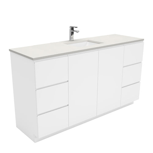 Sarah Roman Sand Undermount Single Bowl 1500 Fingerpull Gloss White Vanity on Kick