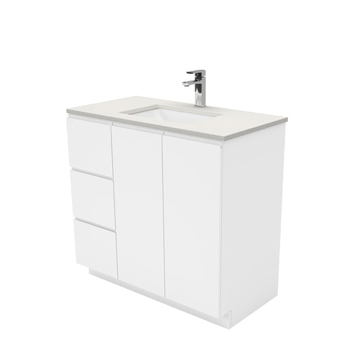 Sarah Roman Sand Undermount 900 Fingerpull Gloss White Vanity on Kick, Left Drawers