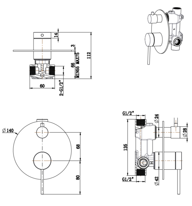 Mica Shower Mixer Diverter - 1P - TRIM KIT ONLY - Neche Interiors