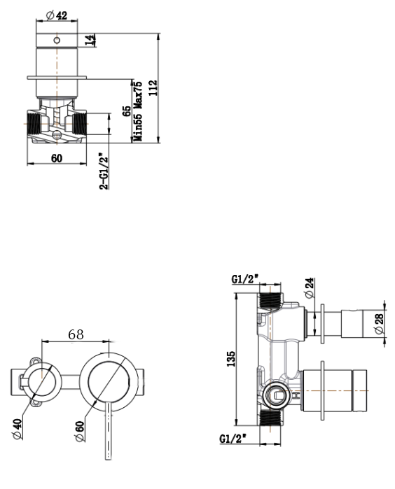 Mica Shower Mixer Diverter - Sideways - BODY - Neche Interiors