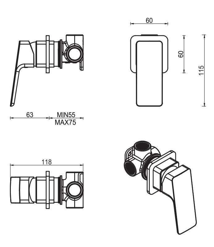 Tiago Shower Mixer - Small Plate - TRIM KIT ONLY - Neche Interiors