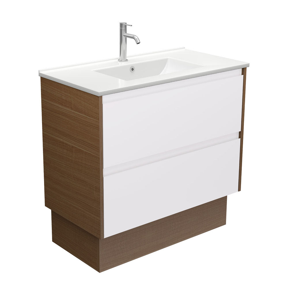 Dolce Amato Satin White Vanity on Kick, Walnut Panels