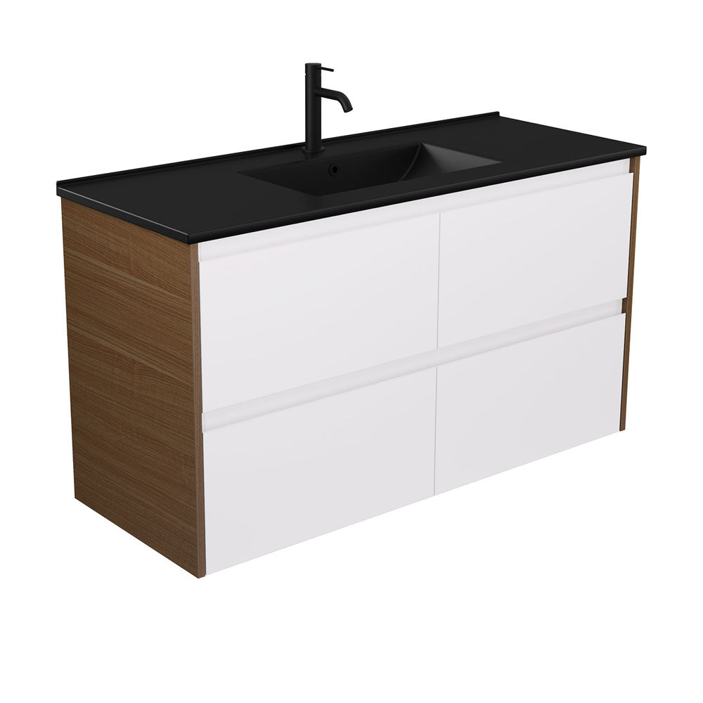 Dolce Matte Black Amato Satin White Wall Hung Vanity, Walnut Panels