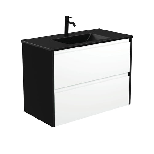 Dolce Matte Black Amato 900 Satin White Wall-Hung Vanity, Satin Black Panels