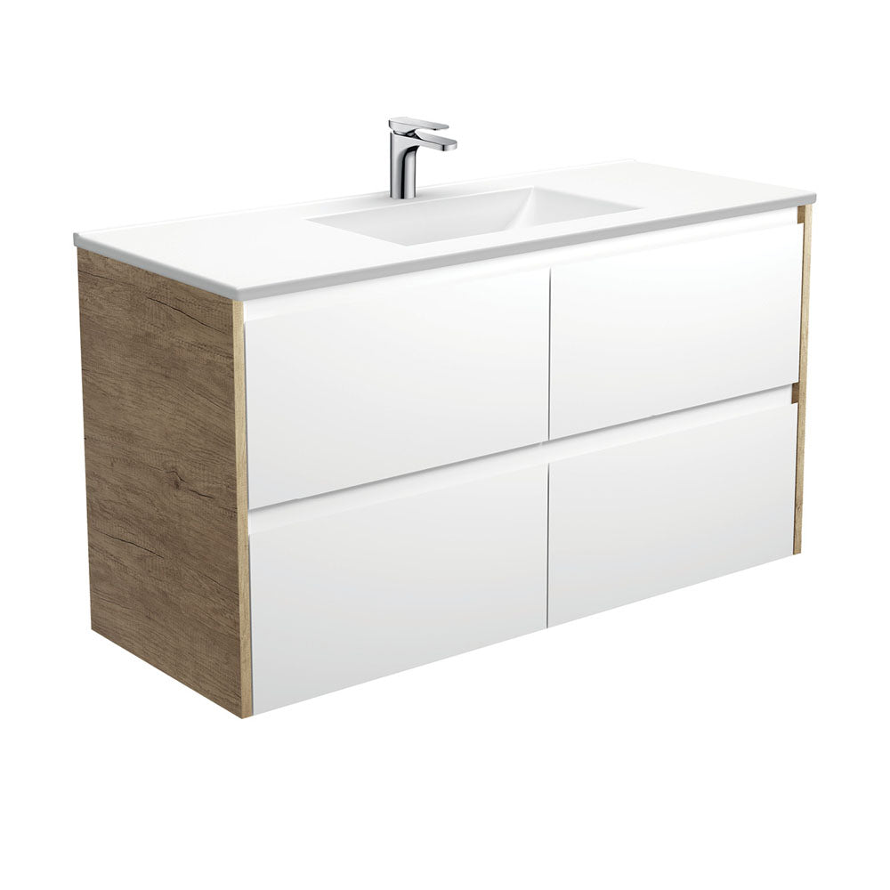 Vanessa Amato Satin White Wall-Hung Vanity, Scandi Oak Panels