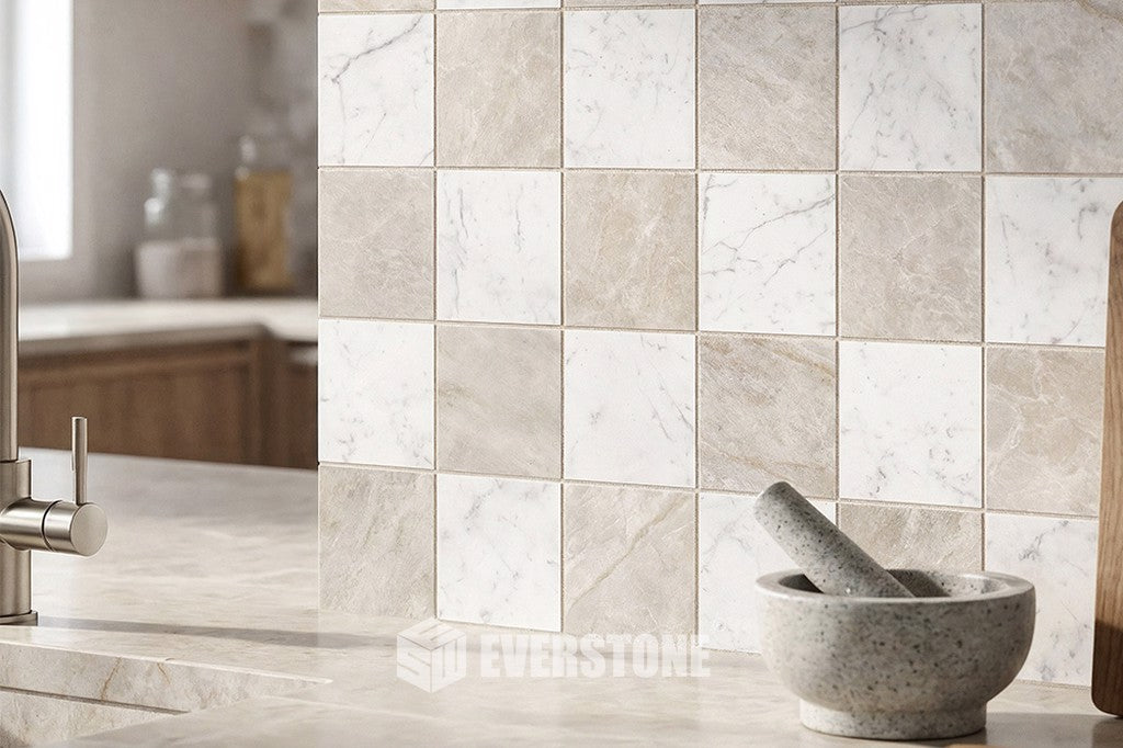 Euromarmo Taj Mahal and Carrara Venatino checkerboard installation