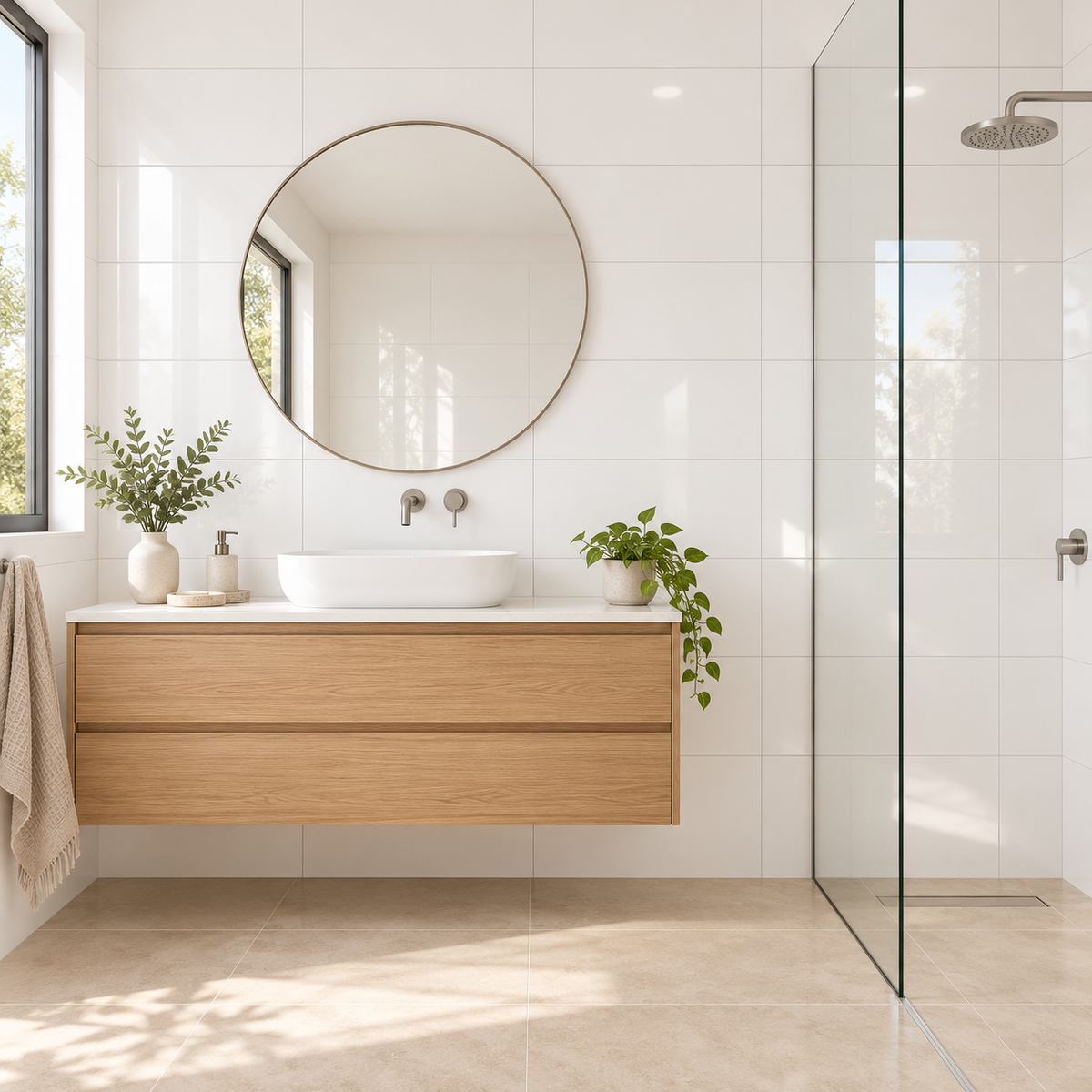 Everyday White 300x600mm Gloss wall tiles — AI-generated bathroom illustration
