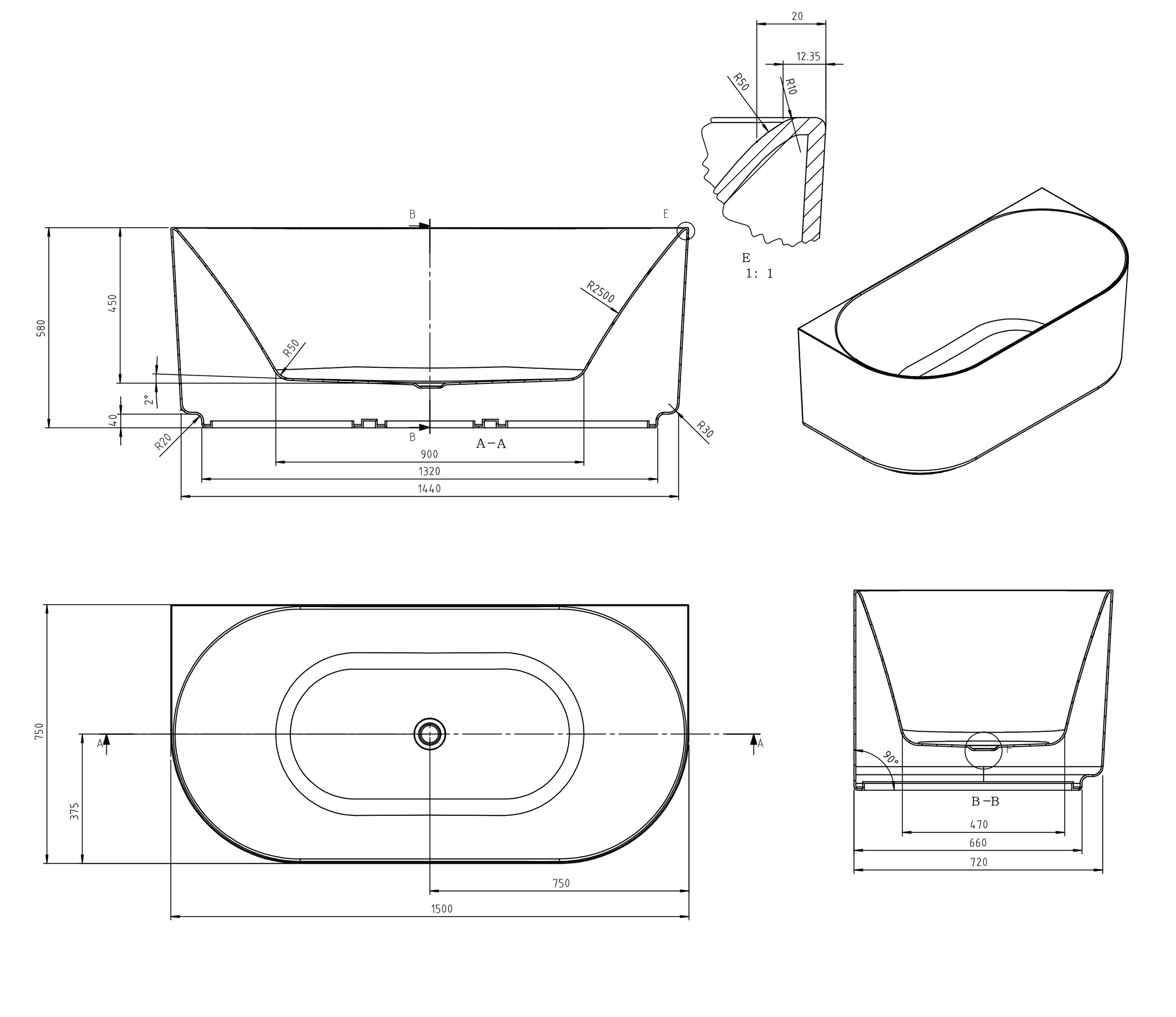 Attica Celine 1500 Matte White Back-to-Wall Multi-fit Bath with Overflow