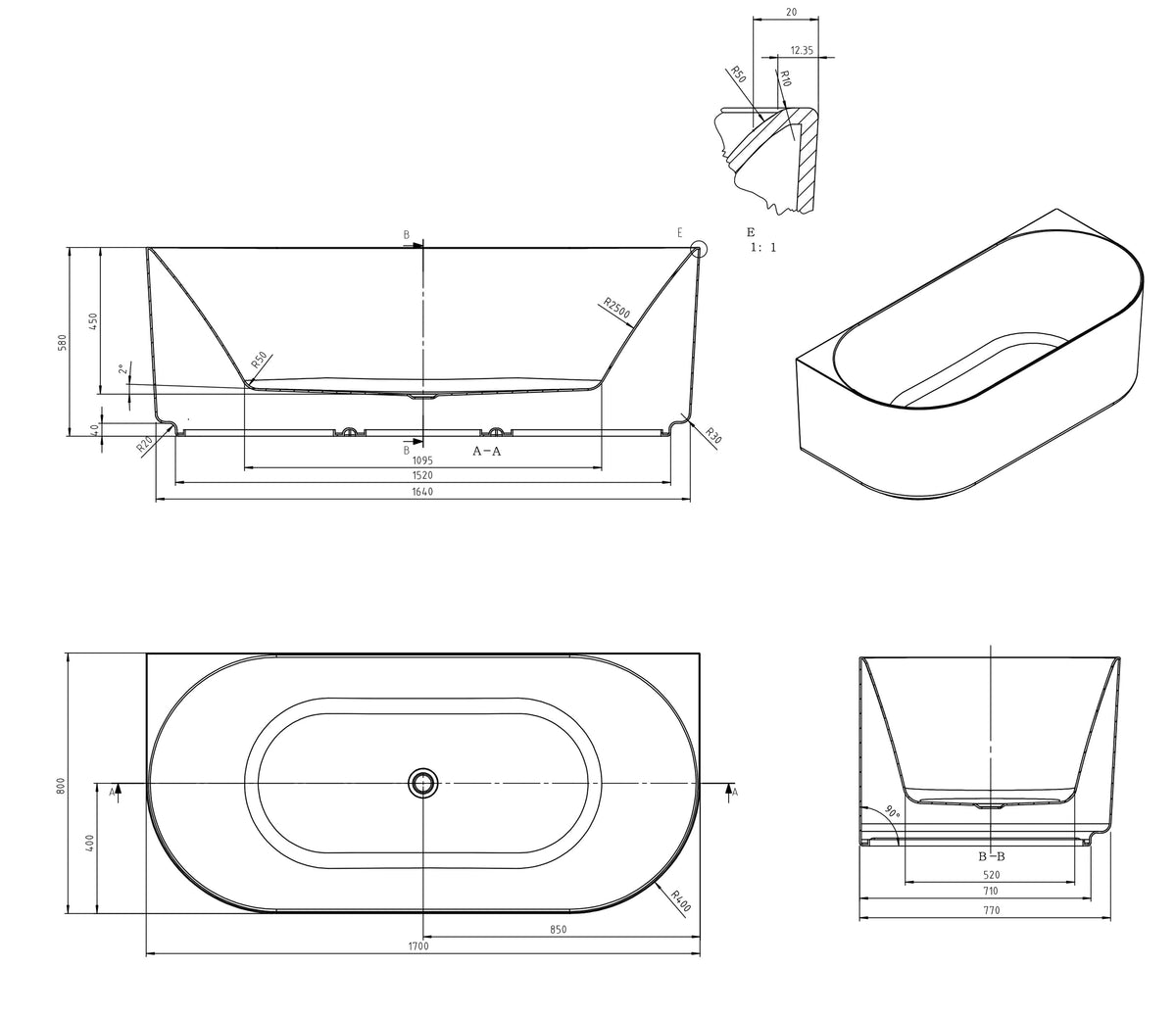 Attica Celine 1700 Gloss White Back-to-Wall Multi-fit Bath with Overflow